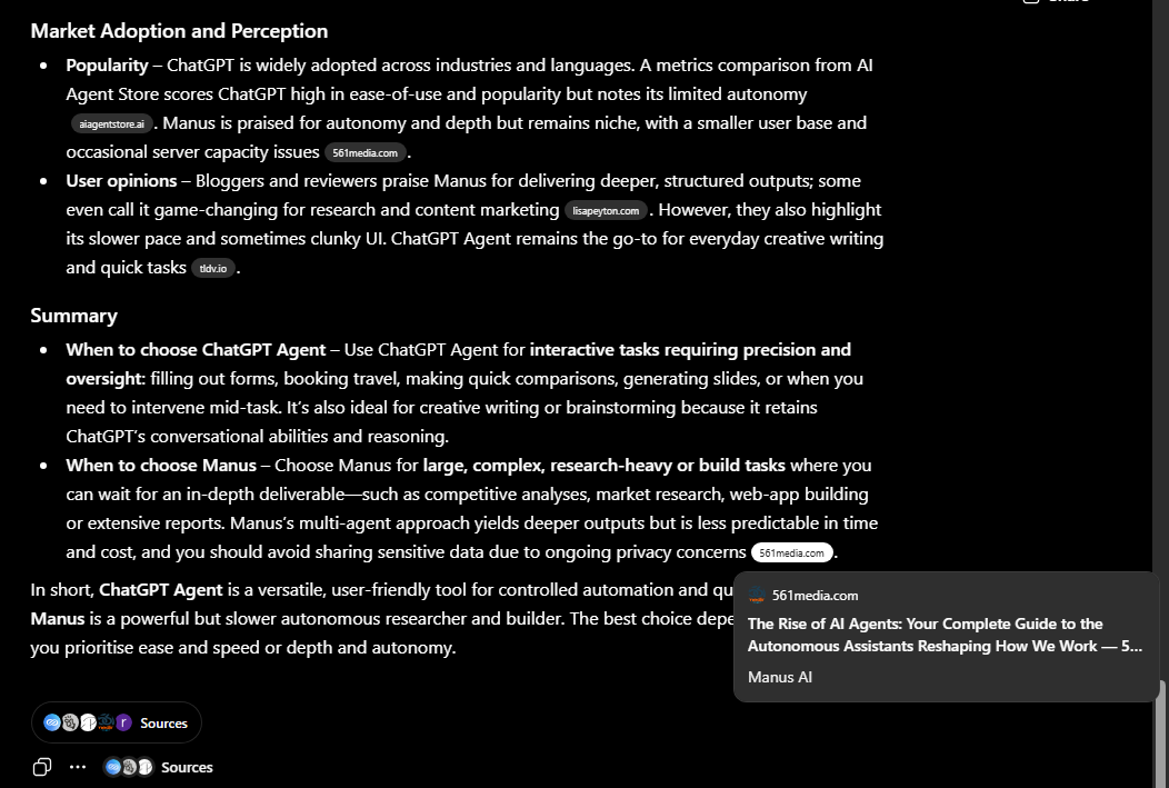 AI agent comparison of ChatGPT Agent and Manus citing 561media.com twice as a source