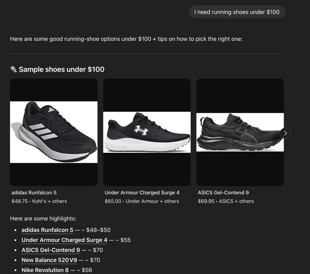 screenshot of user buying sneakers on chatgpt